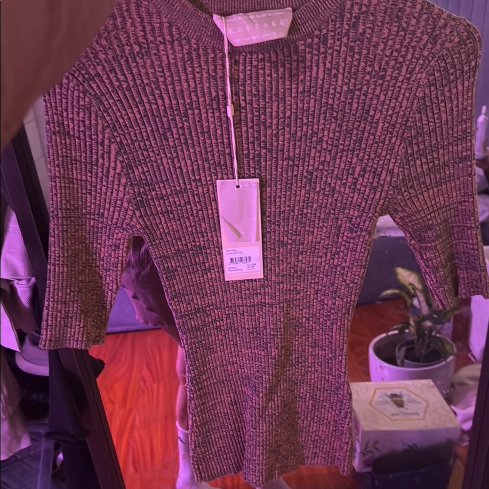 KEEPSAKE the Label Pink and Gray Ribbed Bodysuit with 3/4 Sleeves